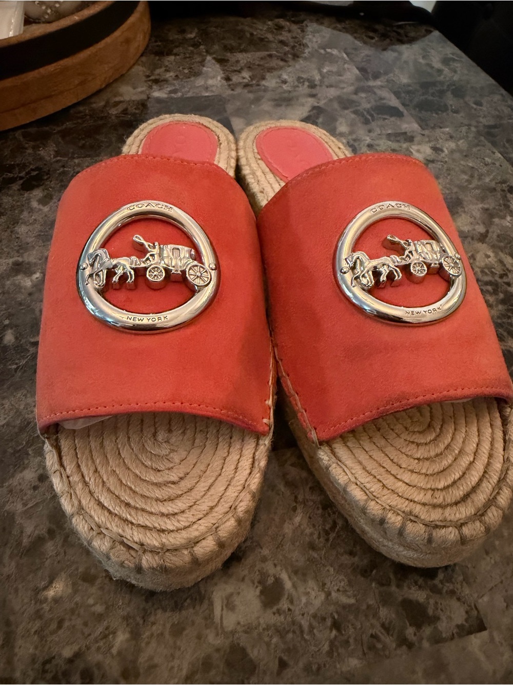 COACH Coral Suede Espadrille Slide Mules with Horse & Carriage Trim